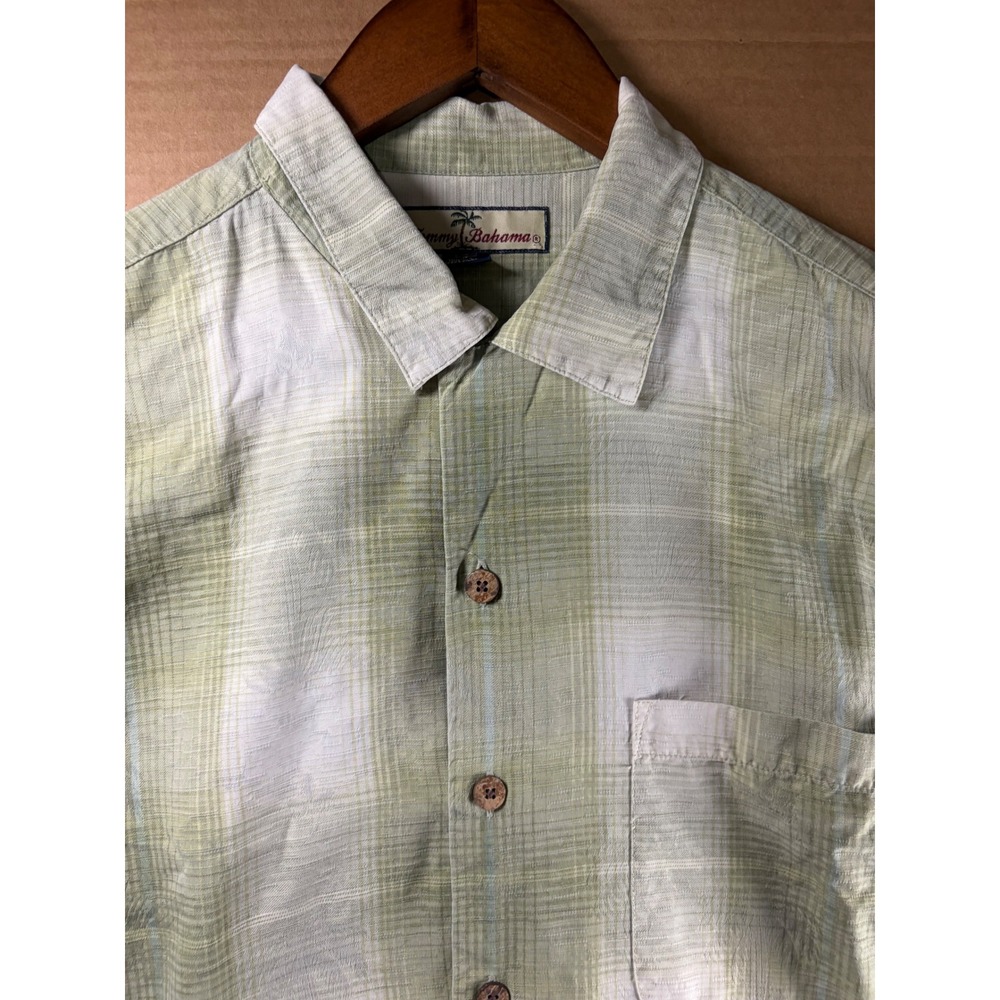 Tommy Bahama Button Down Shirt Mens Medium Green Silk Plaid Leaf Camp Shirt